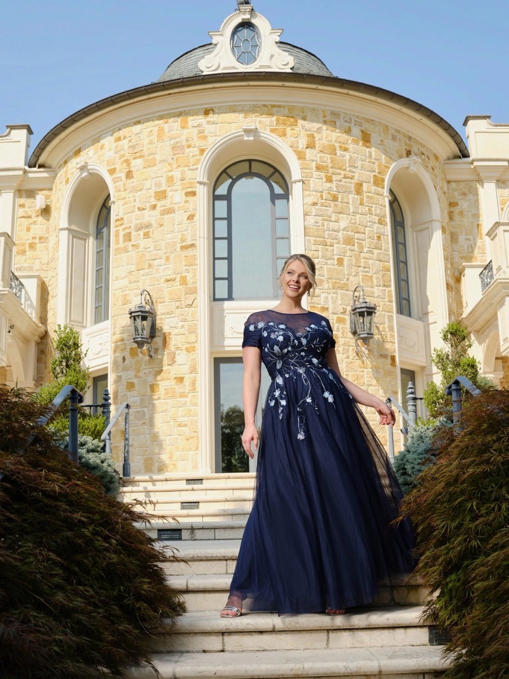 Betsy & Adam Navy Blue Embroidered Sequin Floral Bodice Mesh Gown